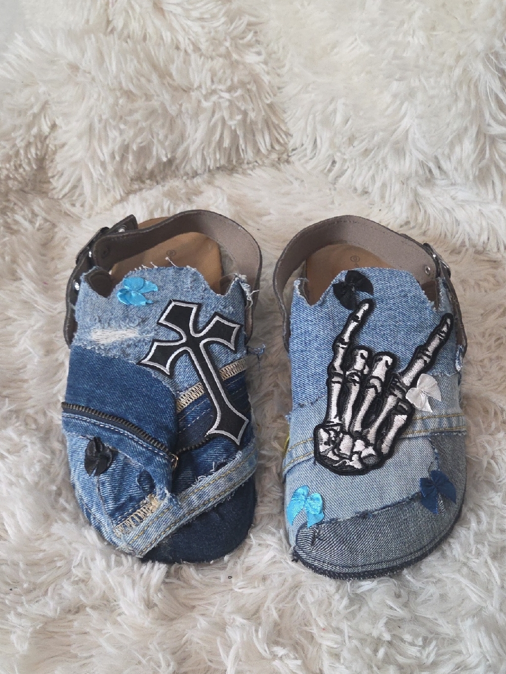 Adult Denim Patch Slip-On Shoes with Cross & Skeleton Hand Accents